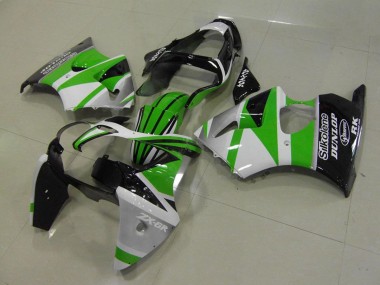 Custom 2000-2002 Kawasaki ZX6R Motorcycle Fairings - White Green Glossy Black Stripe Silkolene Dunlop UK