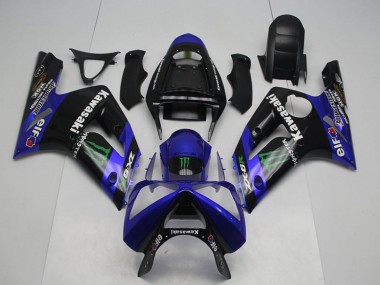 Custom 2003-2004 Kawasaki ZX6R Motorcycle Fairings - Glossy Black Blue Green Monster UK