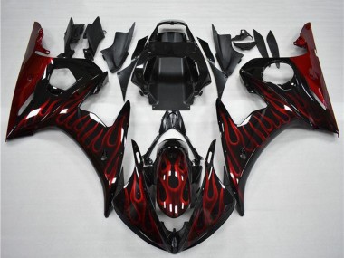 Custom 2003-2004 Yamaha YZF R6 Motorcycle Fairing - Glossy Black Red Flame UK