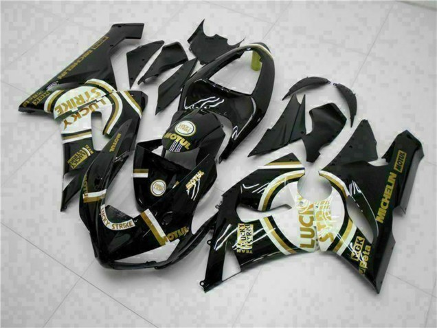2005-2006 Kawasaki ZX6R Motorcycle Fairings - Glossy Black White Gold Lucky Strike UK