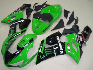 Custom 2005-2006 Kawasaki ZX6R Motorcycle Fairings - Green Glossy Black Elf Monster UK