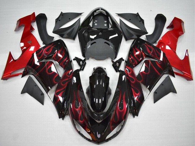 2006-2007 Kawasaki ZX10R Motorcycle Fairing - Glossy Black Red Flame UK