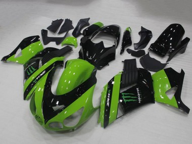 Custom 2006-2011 Kawasaki ZX14R ZZR1400 Motorcycle Fairings - Green Glossy Black Monster UK