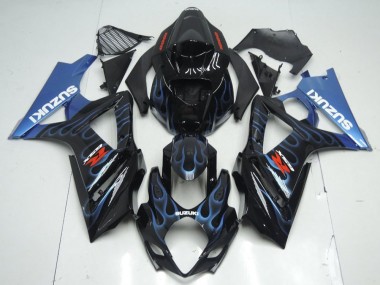Custom 2007-2008 Suzuki GSXR 1000 Motorcycle Fairing Kits - Glossy Black Blue Flame UK