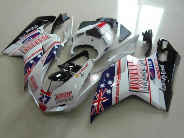 Custom 2007-2014 Ducati 848 1098 1198 Motorcycle Fairings - White Blue Red Glossy Black American Flag Tim 27 UK