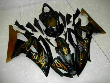 Custom 2008-2016 Yamaha YZF R6 Motorcycle Fairings - Glossy Black Gold Flame UK