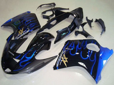 Custom 1996-2007 Honda CBR1100XX Blackbird Abs Motorcycle Fairings - Glossy Black Blue Flame UK