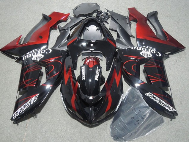 2006-2007 Kawasaki ZX10R Motorcycle Fairings - Glossy Black Red Flame Alstare Corona Extra UK