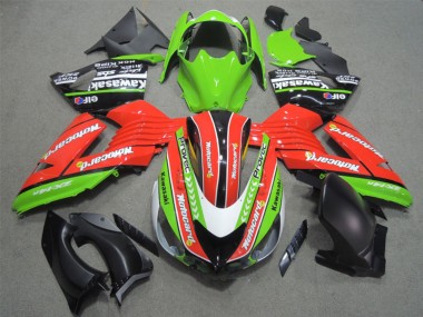 Custom 2006-2011 Kawasaki ZX14R ZZR1400 Motorcycle Fairings - Green Red White Black Elf Motocard UK