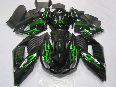 Custom 2006-2011 Kawasaki ZX14R ZZR1400 Motorcycle Fairings - Glossy Black Green Flame UK