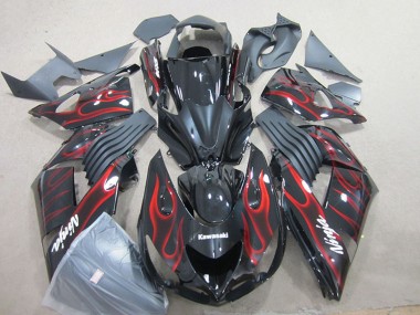 Custom 2006-2011 Kawasaki ZX14R ZZR1400 Motorcycle Fairing - Glossy Black Red Flame UK