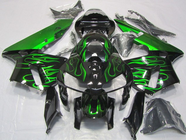 2005-2006 Honda CBR600RR Motorcycle Fairings - Glossy Black Vibrant Green Flame UK