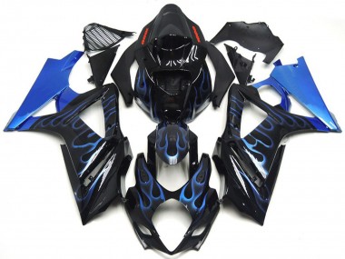 Custom 2007-2008 Suzuki GSXR 1000 Motorcycle Fairings - Glossy Black Blue Flame UK