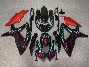 Custom 2008-2010 Suzuki GSXR 600 / GSXR 750 Motorcycle Fairings - Glossy Black Red Cyan Flame UK