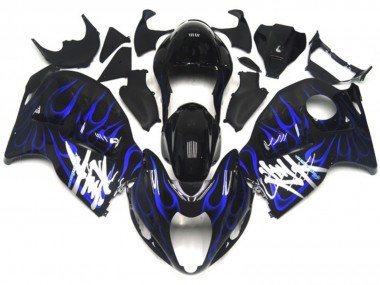 Custom 1996-2007 Suzuki GSXR 1300 Motorcycle Fairings - Glossy Black with Deep Blue Flame UK