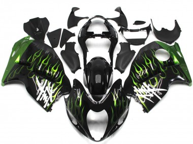 Custom 1996-2007 Suzuki GSXR 1300 Motorcycle Fairings - Glossy Black with Deep Green Flame UK