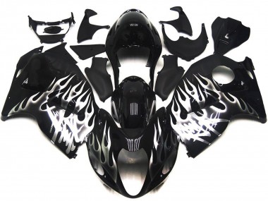 Custom 1996-2007 Suzuki GSXR 1300 Motorcycle Fairings - Glossy Black with Silver Flame UK