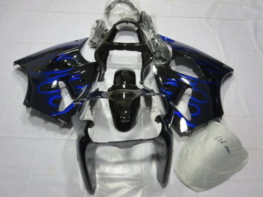 Custom 2000-2002 Kawasaki ZX6R Motorcycle Fairing - Glossy Black Blue Flame UK