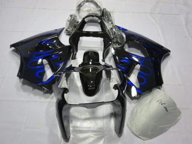 2000-2002 Kawasaki ZX6R Motorcycle Fairing - Glossy Black Blue Flame UK