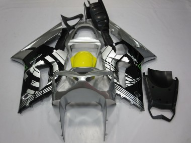 Custom 2003-2004 Kawasaki ZX6R Motorcycle Fairings - Silver Yellow Glossy Black UK