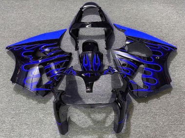 Custom 2000-2002 Kawasaki ZX6R Motorcycle Fairings - Glossy Black Blue Flame UK