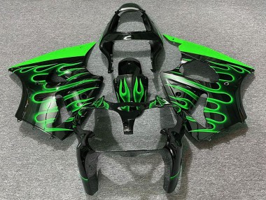 Custom 2000-2002 Kawasaki ZX6R Motorcycle Fairings - Glossy Black Green Flame UK