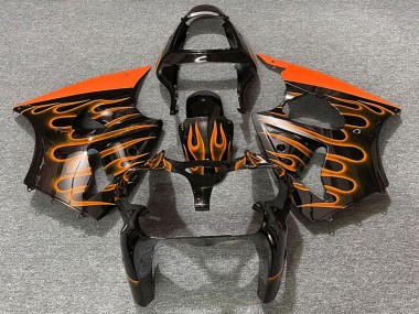 Custom 2000-2002 Kawasaki ZX6R Motorcycle Fairings - Glossy Black Orange Flame UK