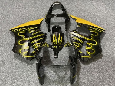 Custom 2000-2002 Kawasaki ZX6R Motorcycle Fairings - Glossy Black Yellow Flame UK