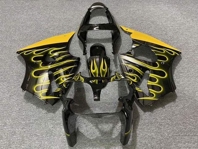 2000-2002 Kawasaki ZX6R Motorcycle Fairings - Glossy Black Yellow Flame UK