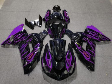 Custom 2006-2011 Kawasaki ZX14R Motorcycle Fairings - Glossy Black Purple Flame UK