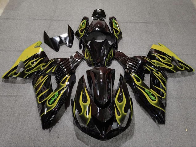 2006-2011 Kawasaki ZX14R Motorcycle Fairings - Glossy Black Yellow Flame UK