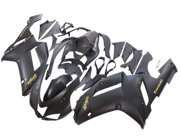 2007-2008 Kawasaki ZX6R Motorcycle Fairings - Matte Black with Yellow Logo Ninja UK