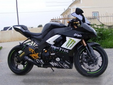 Custom 2008-2010 Kawasaki ZX10R Motorcycle Fairings - Glossy Black White Green Monster Elf UK