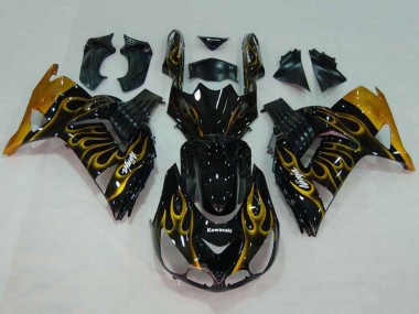 Custom 2006-2011 Kawasaki ZX14R ZZR1400 Motorcycle Fairings - Glossy Black Gold Flame UK