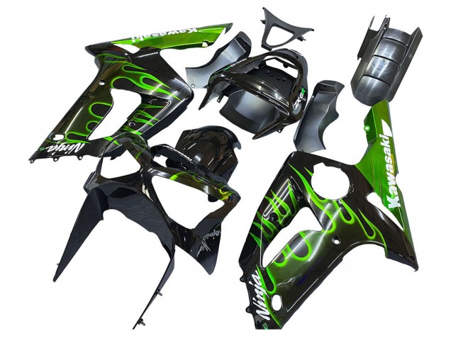 2003-2004 Kawasaki ZX6R Motorcycle Fairings - Glossy Black Green Flame UK