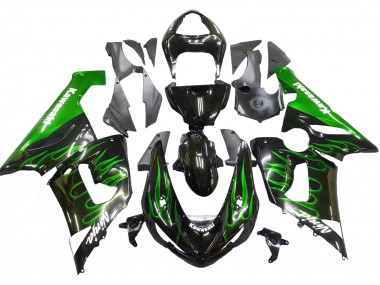 Custom 2005-2006 Kawasaki ZX6R Motorcycle Fairing - Glossy Black Green Flame UK
