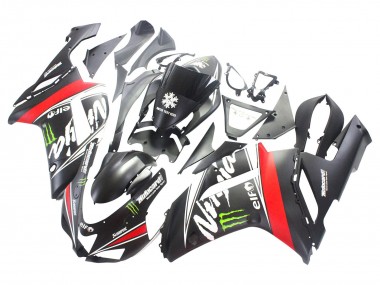 Custom 2007-2008 Kawasaki ZX6R Motorcycle Fairings - Black White Red with White Snow Decal Ninja Elf UK