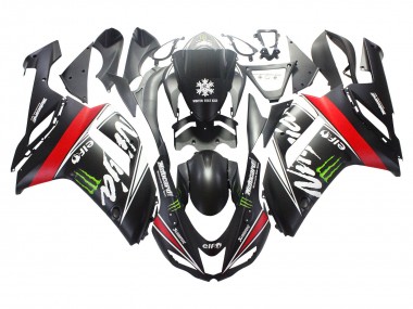Custom 2007-2008 Kawasaki ZX6R Motorcycle Fairings - Black White Red with White Snow Decal Ninja Elf UK