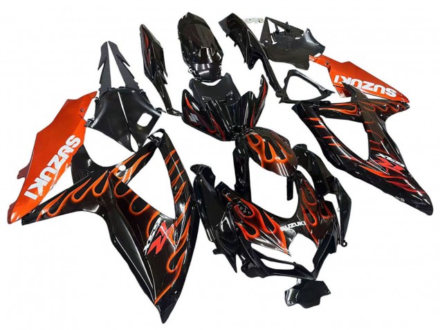 2008-2010 Suzuki GSXR 600 / GSXR 750 Motorcycle Fairings - Glossy Black Orange Flame UK