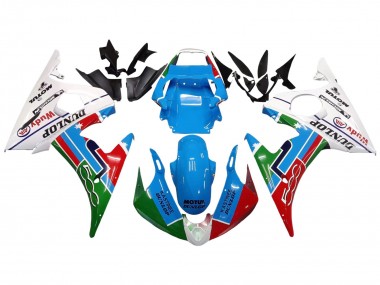 Custom 2005 Yamaha YZF 600 R6 Motorcycle Fairings - Light Blue White Green Red Kastinee Dunlop Motul UK