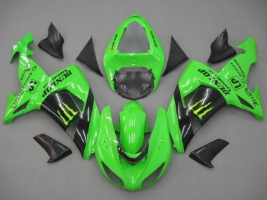 Custom 2006-2007 Kawasaki ZX10R Motorcycle Fairings - Green Glossy Black Monster Dunlop UK