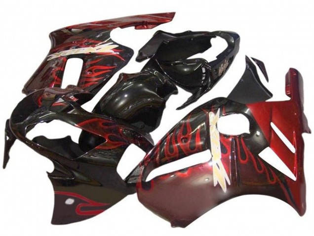 2000-2001 Kawasaki ZX12R Motorcycle Fairings - Glossy Black Red Flame UK