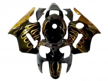 Custom 2002-2006 Kawasaki ZX12R Motorcycle Fairings - Glossy Black Gold Flame UK