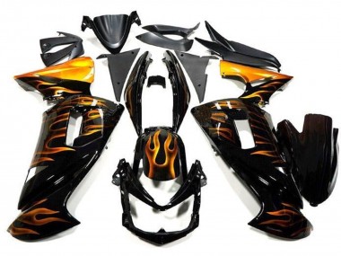 Custom 2006-2008 Kawasaki Ninja 650 EX650 Motorcycle Fairings - Glossy Black Gold Flame UK