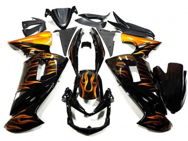 2006-2008 Kawasaki Ninja 650 EX650 Motorcycle Fairings - Glossy Black Gold Flame UK