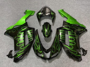 Custom 2007-2008 Kawasaki ZX6R Motorcycle Fairings - Black Green Flame UK