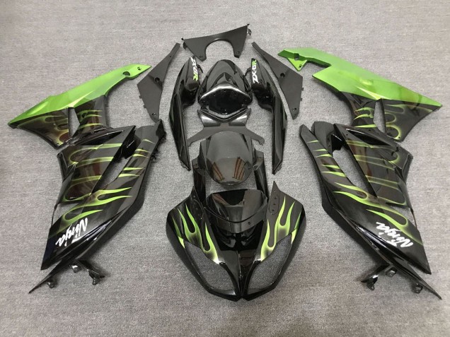 2007-2008 Kawasaki ZX6R Motorcycle Fairings - Black Light Green Flame UK