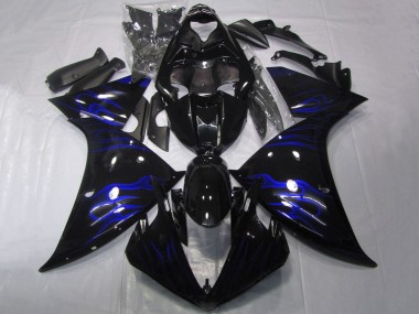 Custom 2012-2014 Yamaha YZF 1000 R1 Motorcycle Fairings - Glossy Black Blue Flame UK