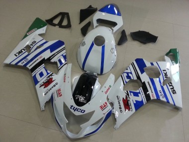 Custom 2004-2005 Suzuki GSXR 600 / GSXR 750 Motorcycle Fairings - White Blue Black Green Tyco UK