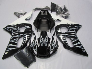 Custom 1998-2002 Yamaha YZF R6 Motorcycle Fairings - Glossy Black White Flame UK